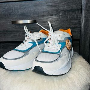 TORY BURCH ORANGE AND AQUA TRAINERS